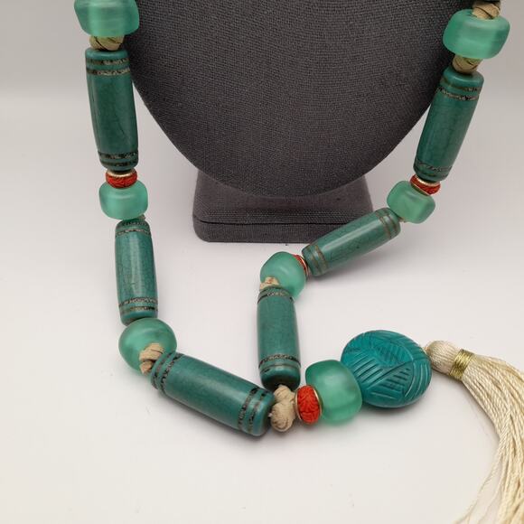 Vintage Chico's Boho 38 Inch Leather Glass Beads Long Tassel Necklace - Picture 5 of 12